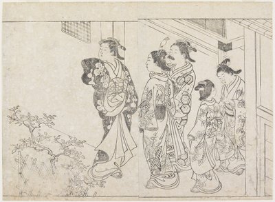 Viisi prostituoitua sisäpihalla, 1770-luvun alku (puupainatus) tekijältä Hanabusa Shigenobu