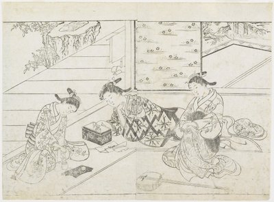 Kolme prostituoitua huoneessa, 1770-luvun alku (puupainatus) tekijältä Hanabusa Shigenobu