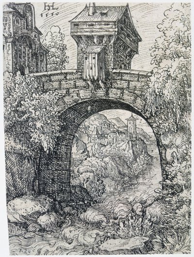 Maisema sillan kanssa, 1550 tekijältä Hanns Sebald Lautensack