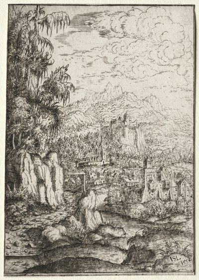 Maisema tiellä linnaan saarella joessa, 1554. tekijältä Hanns Sebald Lautensack