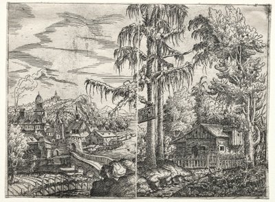 Maisema, jossa on kaupunki joen rannalla ja mökki puiden välissä, 1551. tekijältä Hanns Sebald Lautensack