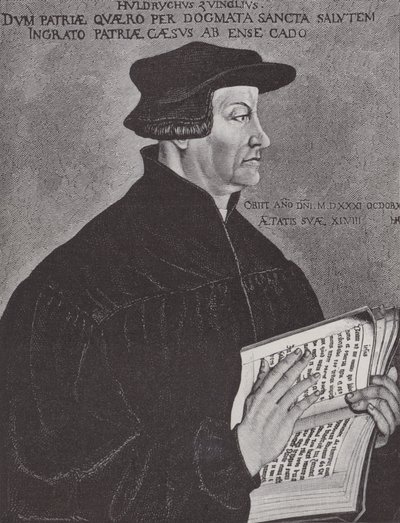 Huldrych Zwingli, uskonpuhdistuksen johtaja Sveitsissä (kaiverrus). tekijältä Hans (after) Asper