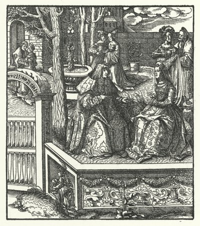 Itävallan arkkiherttua Maximilian ja hänen vaimonsa, Burgundin Maria, opettavat toisilleen omaa kieltään (kaiverrus) tekijältä Hans (after) Burgkmair