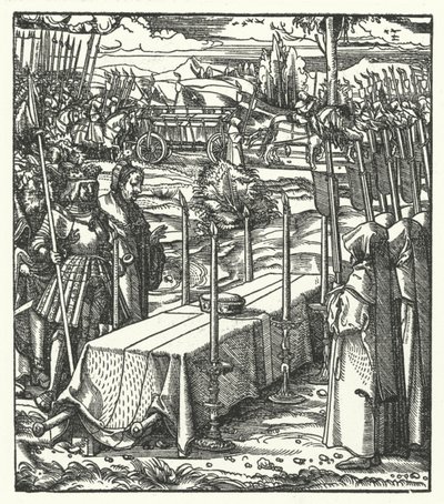 Itävallan arkkiherttua Maximilian murhatun Louis de Bourbonin, Liegen prinssipiispan arkun vieressä tekijältä Hans (after) Burgkmair