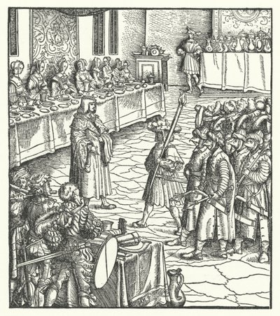 Itävallan arkkiherttua Maximilian ohjaa mummojen näytelmää (kaiverrus) tekijältä Hans (after) Burgkmair