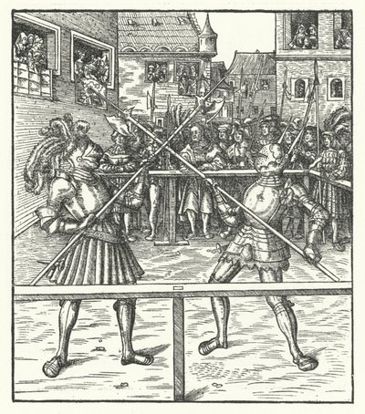Itävallan arkkiherttua Maximilian taistelee jalkaisin halbardilla (kaiverrus) tekijältä Hans (after) Burgkmair