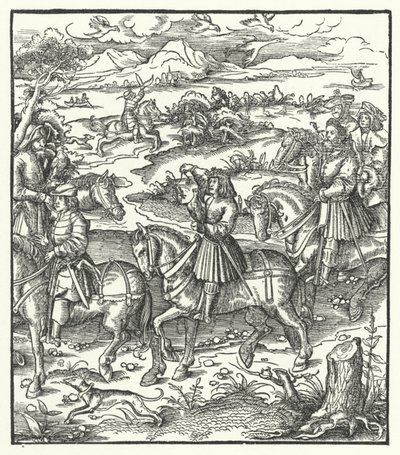 Itävallan arkkiherttua Maximilian metsästää haikaroita (kaiverrus) tekijältä Hans (after) Burgkmair