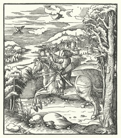 Itävallan arkkiherttua Maximilian metsästää hevosen selässä (kaiverrus) tekijältä Hans (after) Burgkmair