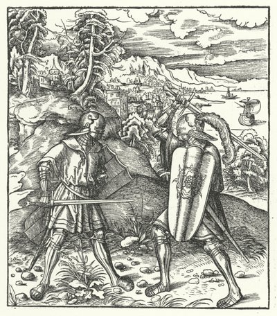 Itävallan arkkiherttua Maximilian haarniskassa taistelee miekalla (kaiverrus) tekijältä Hans (after) Burgkmair