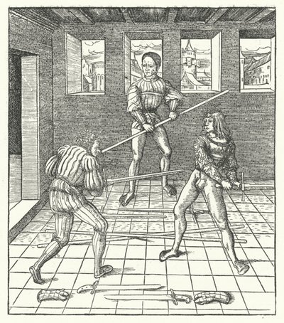 Itävallan arkkiherttua Maximilian oppii miekkailua (kaiverrus) tekijältä Hans (after) Burgkmair