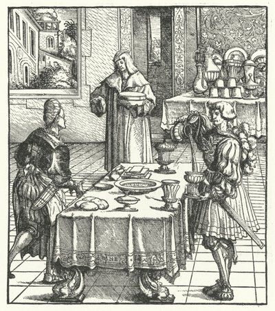 Itävallan arkkiherttua Maximilian opettelee ruokakulttuuria (kaiverrus). tekijältä Hans (after) Burgkmair
