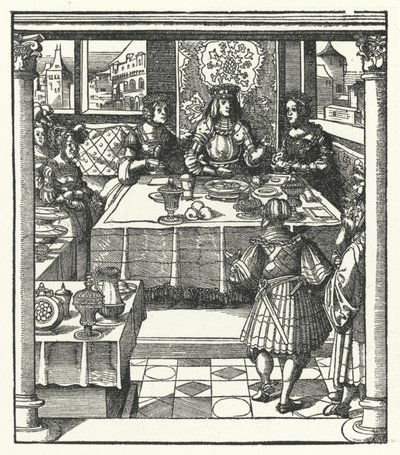 Itävallan arkkiherttua Maximilian vierailee tulevan vaimonsa, Burgundin Marian ja tämän äitinsä Isabellan Bourbonin luona (kaiverrus) tekijältä Hans (after) Burgkmair