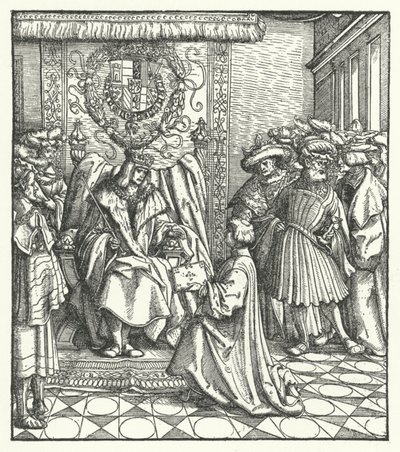 Kirjan omistus Pyhän Rooman keisarille Maximilian I:lle (kaiverrus) tekijältä Hans (after) Burgkmair