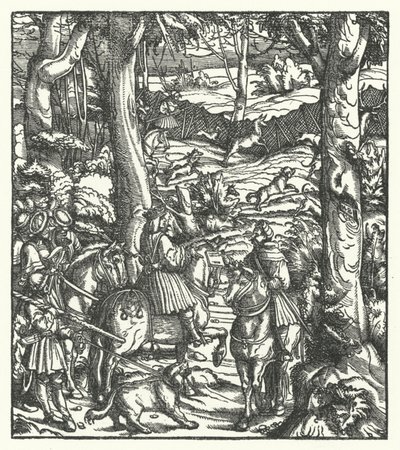 Maximilian I, roomalaisten kuningas, saa viestin metsästäessään (kaiverrus) tekijältä Hans (after) Burgkmair