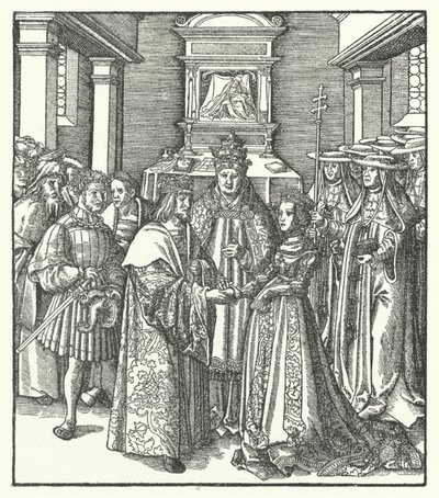 Paavi Nikolai V puheenjohtajana Pyhän Rooman keisarin Fredrik III:n ja Portugalin Eleanorin avioliittoa Roomassa tekijältä Hans (after) Burgkmair