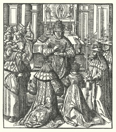 Pyhän Rooman keisari Frederick III ja keisarinna Eleanor vastaanottavat ehtoollisen paavilta (kaiverrus) tekijältä Hans (after) Burgkmair