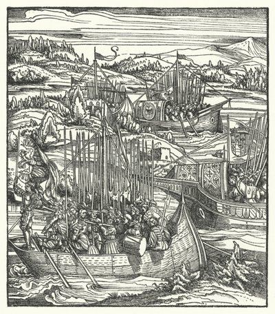 Pyhän Rooman keisari Maximilian I laivastoineen La Speziassa, Italiassa tekijältä Hans (after) Burgkmair