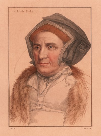 Margaret Bacon, Lady Butts, odottava nainen Henry VIII:n kurssilla, 1812 (kaiverrus) tekijältä Hans (after) Holbein the Younger