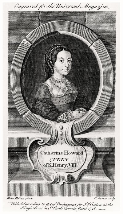 Muotokuva Catherine Howardista (1520-42), kaiverrettu Edward Rookerin (n.1712-74) toimesta 1748 (kaiverrus) tekijältä Hans (after) Holbein the Younger