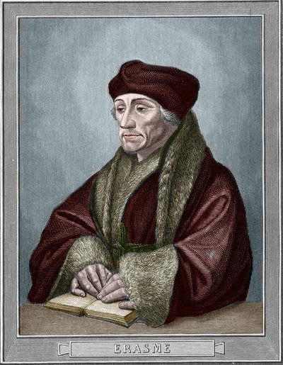 Didier Erasmen (Erasmus Rotterdamilainen) (1469 - 1536), hollantilaisen humanistin muotokuva. Kaiverrus Holbein Hans Nuoren (1497-1543) alkuperäisen jälkeen. Armengaudin kaiverrus vuodelta 1859 Euroopan - Italian gallerioissa "". Yksityinen kokoelma. tekijältä Hans (after) Holbein the Younger