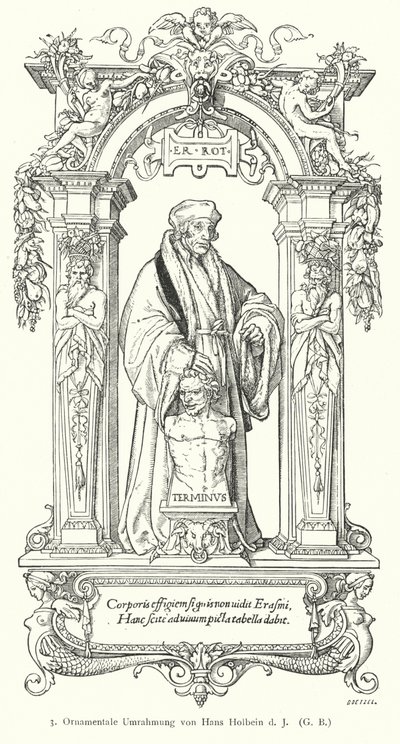 Hollantilaisen renessanssin humanistitutkijan Desiderius Erasmuksen muotokuva koristeellisella kehyksellä (kaiverrus) tekijältä Hans (after) Holbein the Younger