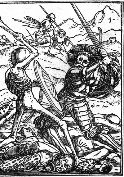 Hans Holbein Nuoren (1497-1543): sotilaan tekokuolema. Sotilas taistelee kuolemaa vastaan; heidän jalkojensa juuressa lepäävät muiden sotureiden ruumiit. Kaiverrus. tekijältä Hans (after) Holbein the Younger