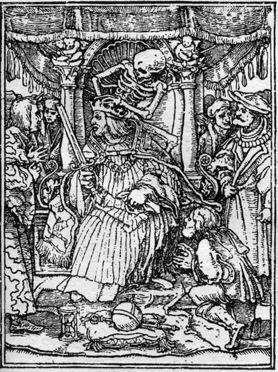 Simulakonit Hans Holbein Nuoren (1497-1543): keisarin kuolemasta. Kun Kuolema ottaa pois keisarin kruunun, talonpoika anoo häneltä oikeutta. Kaiverrus. tekijältä Hans (after) Holbein the Younger