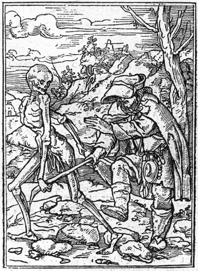 Hans Holbein nuoremman (1497-1543): sokeiden kuoleman simulakonit. Kuolema tarttuu sokean keppiin ja toimii oppaana. Kaiverrus. tekijältä Hans (after) Holbein the Younger