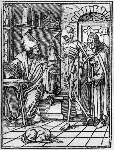 Hans Holbein nuoremman (1497-1543): lääkärin kuoleman simulakonit. Kuolema tulee lääkärin ja potilaan väliin. Kaiverrus. tekijältä Hans (after) Holbein the Younger