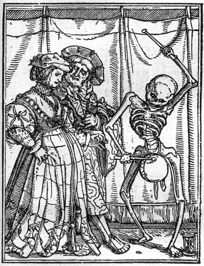 Hans Holbein nuoremman (1497-1543) kuoleman simulakonit: aviomiehet. Kuolema soittaa rumpua pariskunnan edessä. Kaiverrus. tekijältä Hans (after) Holbein the Younger