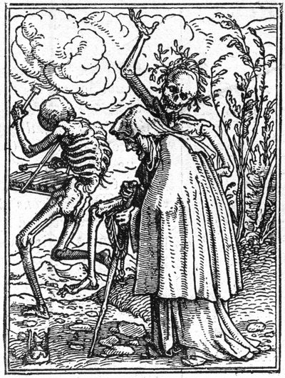 Hans Holbein nuoremman (1497-1543) kuoleman simulakonit: vanha. Kuolema seuraa vanhan naisen kohtaloaan. Kaiverrus. tekijältä Hans (after) Holbein the Younger