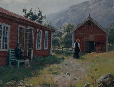 Farmyard, Länsi-Norja (öljy kankaalle) tekijältä Hans Andreas Dahl
