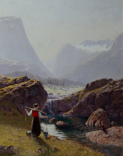 Tyttö vesiämpärien kanssa ja poikakalastus (öljy kankaalle) tekijältä Hans Andreas Dahl