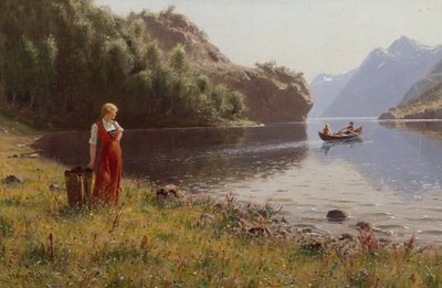 Nainen vuonomaisemassa (öljy kankaalle) tekijältä Hans Andreas Dahl
