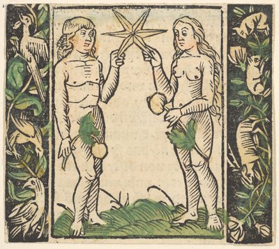 Adam ja Eeva pitelevät tähteä, kuvitus Decided Gart des Rosary Mariaesta. tekijältä Hans Baldung