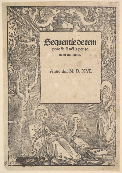 Pyhä Johannes evankelista Patmosella, nimilehti julkaisusta Hymni de tempore et de sanctis, 1516 tekijältä Hans Baldung