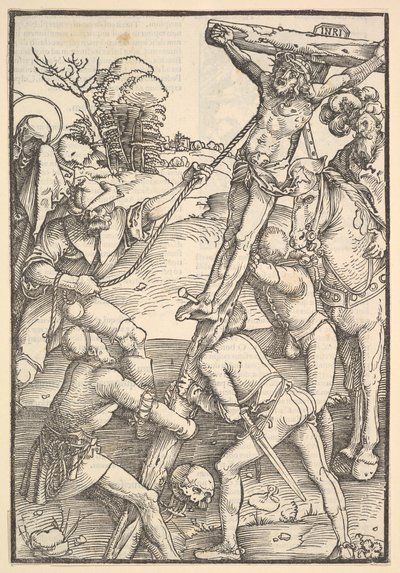 Ristin nostaminen, verso: Ristin nostaminen, teoksesta Speculum Passionis Domini ..., 1507. tekijältä Hans Baldung