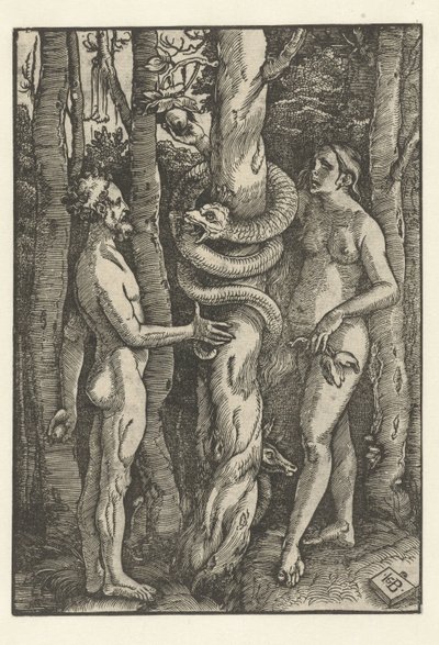 Aadam ja Eeva käärmeen kanssa Houkutus tekijältä Hans Baldung Grien