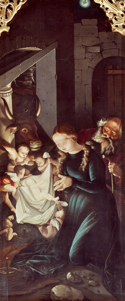 Jeesuksen syntymä, paneeli Neitsyttarina, Hans Baldung (1484 tai 1485-1545), Freiburgin katedraalin alttaritaulu tekijältä Hans Baldung Grien