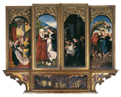Kohtauksia Neitsyen elämästä: Ilmoitus, vierailu, syntymä ja lento Egyptiin. Maalaus puulle Hans Baldung dit Grien (1485-1544) Freiburgin Neitsyt Marian katedraalin alttari Freiburg im Breisgau, Saksa (maalaus w tekijältä Hans Baldung Grien