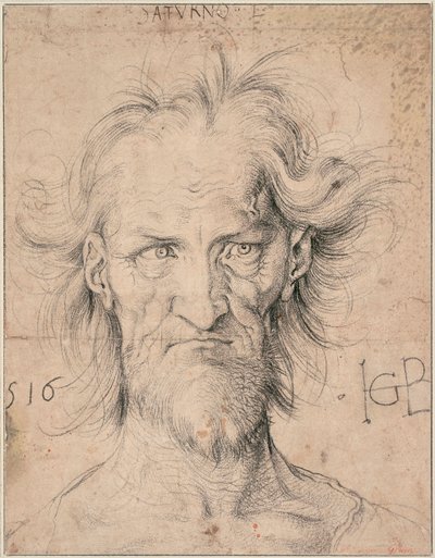 Parrakkaan vanhan miehen pää, Saturnus ("Saturnus" -parrakkaan miehen pää) - Hans Baldungin (1484-1545) piirustus, musta liitu paperille tekijältä Hans Baldung Grien