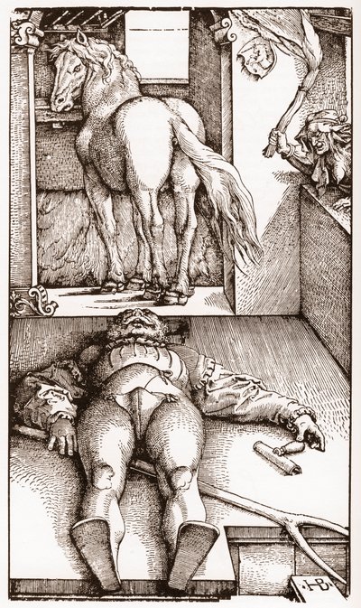 Lumottu palefrenier - (nukkuva sulhanen ja velho) puukaiverrus Hans Baldung Grienin (1485-1544) noin 1544 - tekijältä Hans Baldung Grien