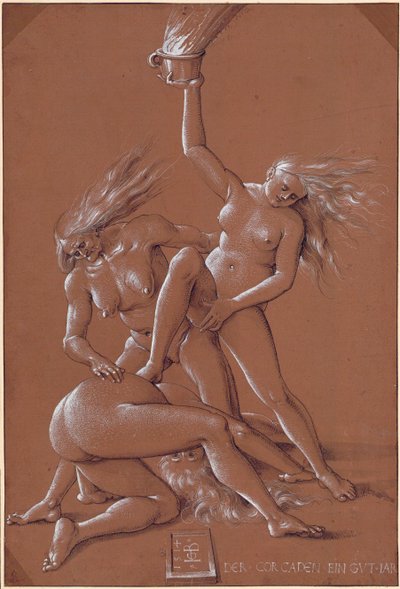 Uudenvuoden tervehdys kolmen noidan kanssa - Hans Baldungin (1484-1545) taidemuste ja valkoinen liitu paperille tekijältä Hans Baldung Grien