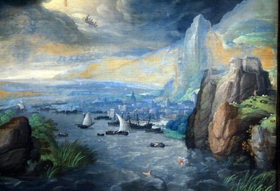 Fantasiamaisema, jossa Johannes Evankelista on Patmoksella tekijältä Hans Bol