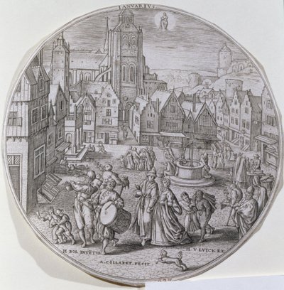 Tammikuu, jossa porvarit juhlivat kahdestoista yötä Bergenin torilla, Adriaen Collaertin (1560-1618) kaivertamasta kahdestatoista "Vuoden kuukauden" sarjasta tekijältä Hans Bol