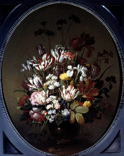 Maljakko kukkia. Hans Bollongierin maalaus (v.1600-ap. 1644), Ec. Hol. Öljy kankaalle. Mitat: 0,83 x 0,68 m. Chalon-Sur-Saone, Denon-museo tekijältä Hans Bollongier