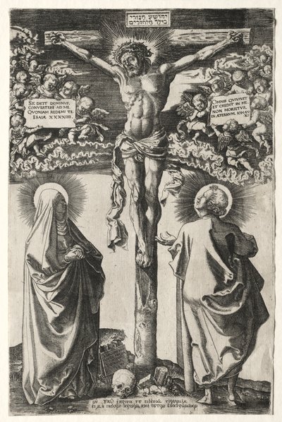 Kristus ristillä neitsyen ja Pyhän Johanneksen välillä, 1542. tekijältä Hans Brosamer