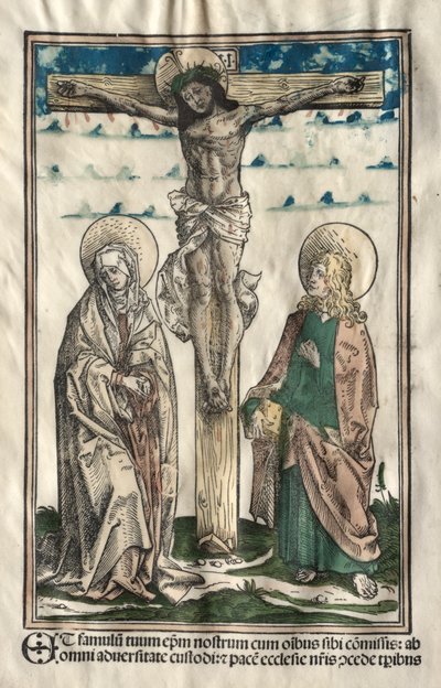 Kristus ristillä Marian ja Johanneksen välillä, 1502. tekijältä Hans Burgkmair