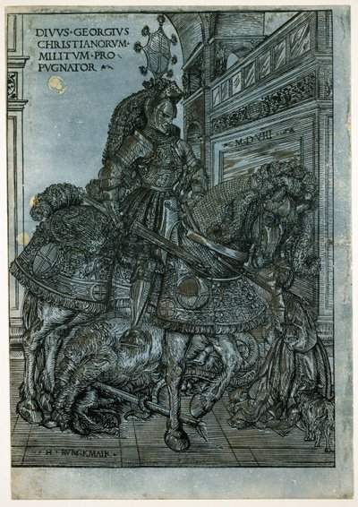 Pyhä Yrjö hevosen selässä, 1508 (chiaroscuro-puupiirros) tekijältä Hans Burgkmair