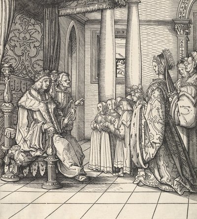 Valkoinen kuningas vastaanottaa tyttärensä Margaretin ja kuningas Philipin lapset, Der Weisskunig, 1514-16 tekijältä Hans Burgkmair